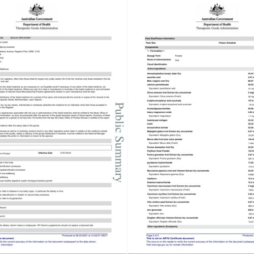 enervite biolax replenish tga certificate