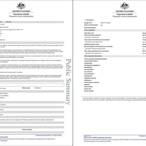enervite bioprotec tga certificate