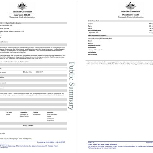 enervite oyster tga certificate