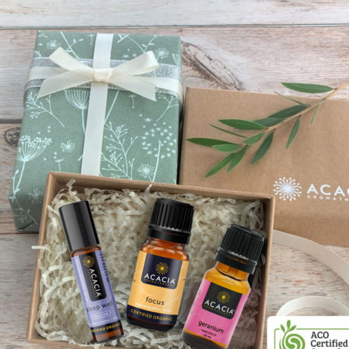 essental oil gift pack with Sleep Well roll on, Focus essential oil, Geranium oil